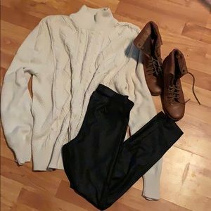 Slouchy cable knit cream moc neck sweater